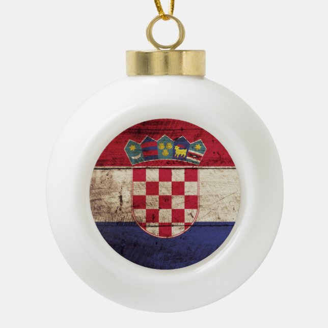 Croatia Flag on Old Wood Grain Ceramic Ball Christmas Ornament (Front)