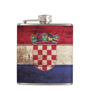Croatia Flag on Old Wood Grain Hip Flask