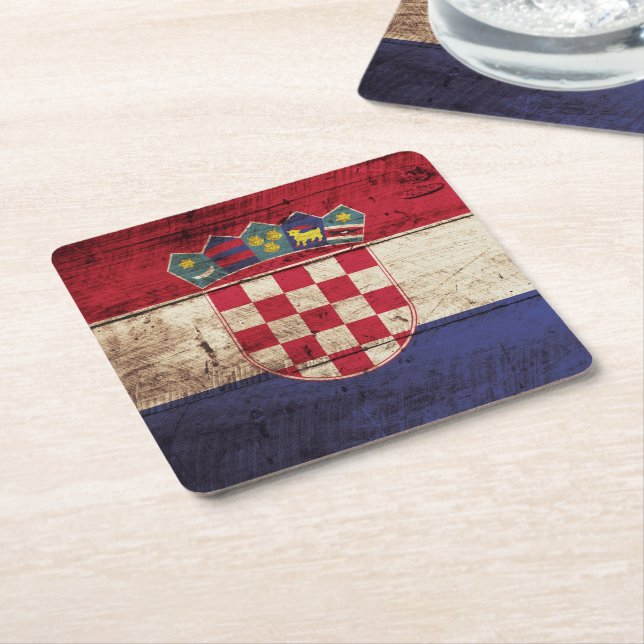 Croatia Flag on Old Wood Grain Square Paper Coaster (Angled)