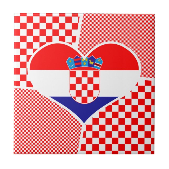 Croatia in Heart with Red White Checkers Ceramic T Ceramic Tile (Front)