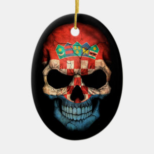 Croatian Flag Skull on Black Ceramic Tree Decoration