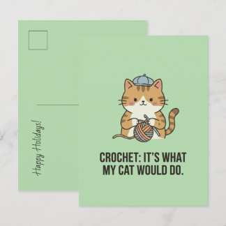 Crochet Cat Blue Hat Yarn Ball Ginger Cat Design Holiday Postcard