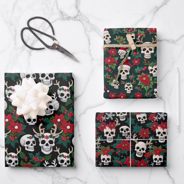 Crochet Christmas Skulls With Poinsettias Wrapping Paper Sheet (Front)