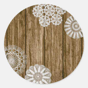 Crochet Doilies on Rustic Wood Country Farmhouse Classic Round Sticker