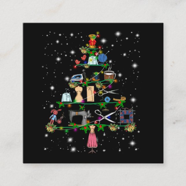 Crochet Equipments Christmas Tree Covered Lights Square Business Card (Front)