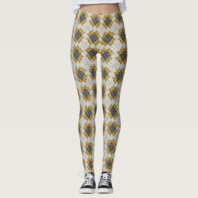 Crochet granny square yellow and gray leggings (Front)