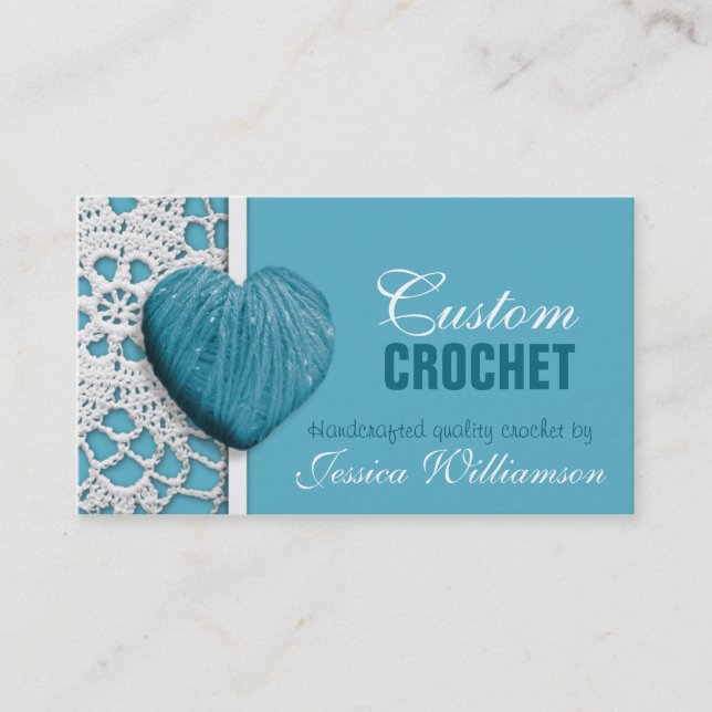 Crochet - Heart Shaped Yarn Blue Business Cards (Front)