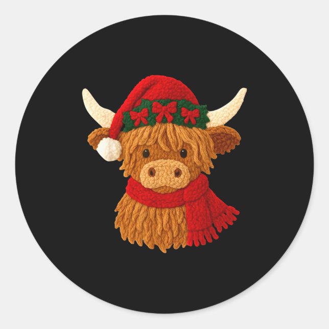 Crochet Highland Cow Christmas Winter Girly Kids T Classic Round Sticker (Front)