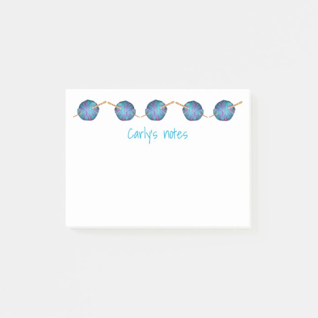 Crochet hook and ball of yarn, with your name post-it notes (Front)