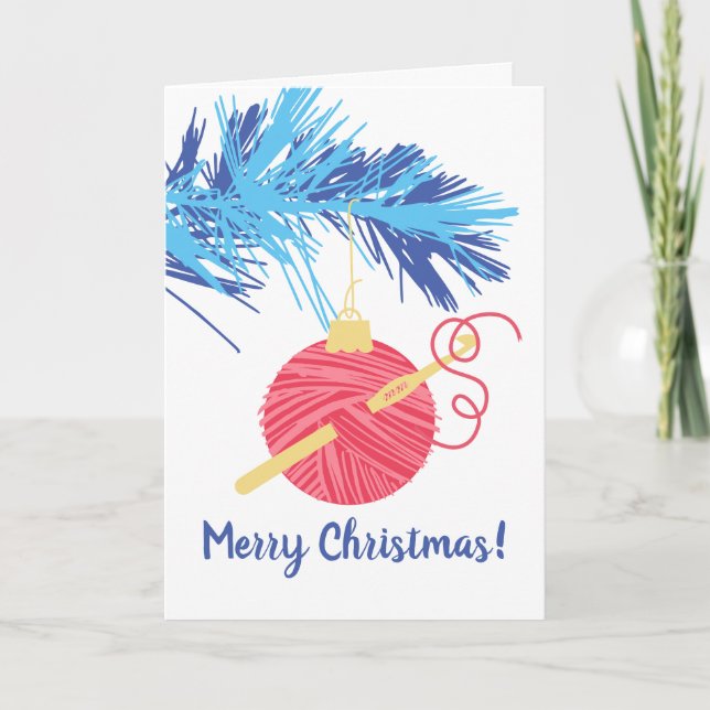 Crochet hook ball of yarn ornament Christmas Holiday Card (Front)