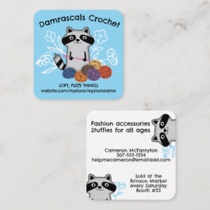 Crochet hook balls of yarn cute raccoon square business card