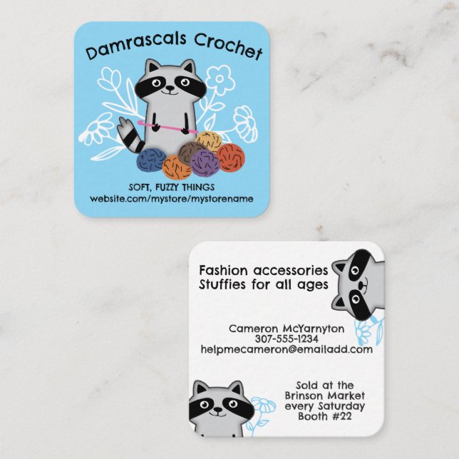 Crochet hook balls of yarn cute racoon square business card (Front/Back)