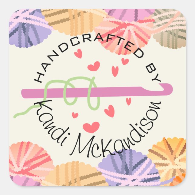 Crochet hook hearts yarn handmade with love square sticker (Front)