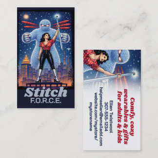 Crochet hook superhero woman sci-fi comic book business card