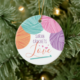 Crochet hooks yarn love personalised Christmas Cer Ceramic Ornament
