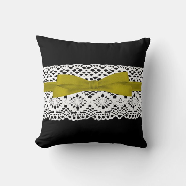 crochet lace effect yellow ribbon damask cushion (Front)