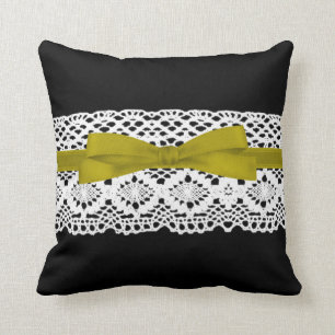crochet lace effect yellow ribbon damask cushion