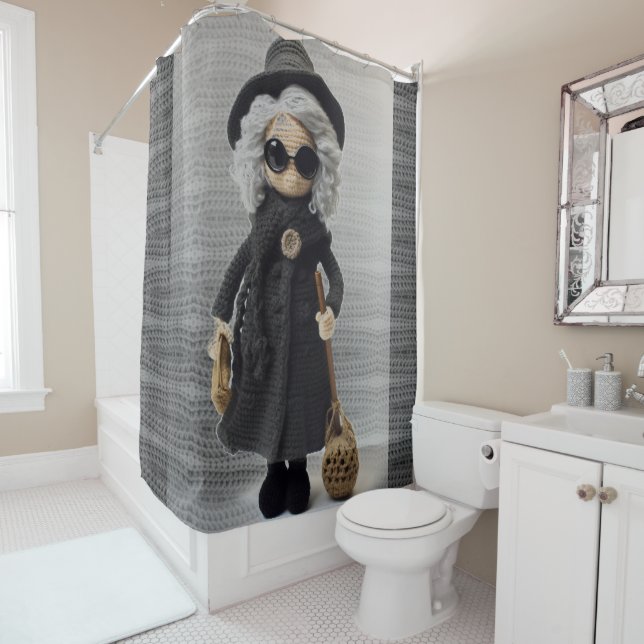 Crochet lady black dress and hat brown bag shower curtain (In Situ)