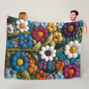 Crochet Look Retro Boho Hippie Wildflowers Fleece Blanket