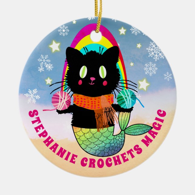  Crochet magic personalised mermaid cat yarn Ceramic Ornament (Front)