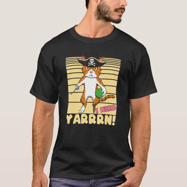 Crochet Pun  Pirate Cat With Wool And Hook    Croc T-Shirt (Front)