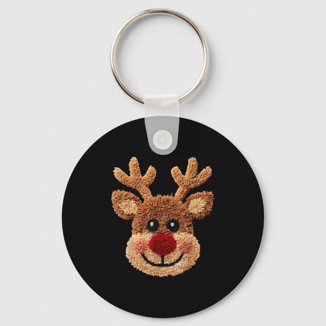 Crochet Reindeer Face Merry Christmas Girly Kids T Key Ring (Front)