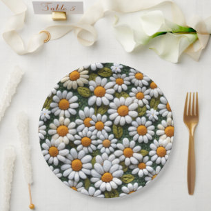 Crochet White Daisies Spring Wildflowers Paper Plate