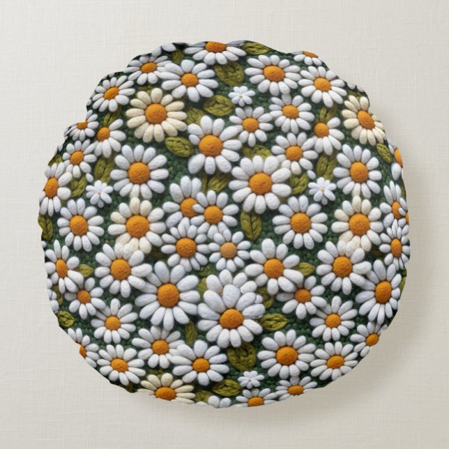 Crochet White Daisies Spring Wildflowers Round Cushion (Front)