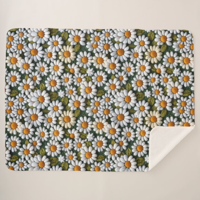 Crochet White Daisies Spring Wildflowers Sherpa Blanket (Front (Horizontal))