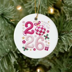 Crochet Yarn Happy New Year 2026 Ceramic Ornament