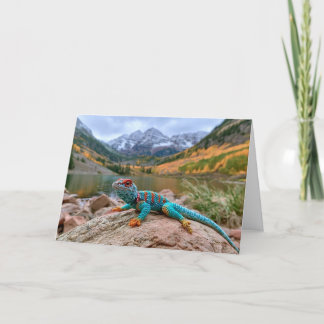 Crocheted Collared Lizard visits Maroon Bells Holiday Card