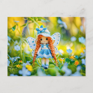 Crocheted Doll with Hat and Blue Flowers Holiday Postcard