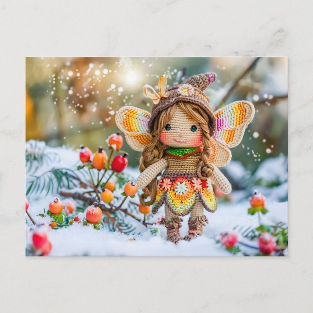 Crocheted Fairy Doll with Snow and Rosehips Holiday Postcard (Front)