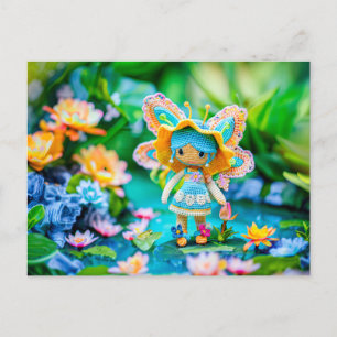 Crocheted Fairy with Blue Flowers Holiday Postcard