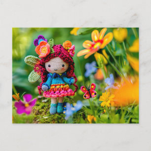 Crocheted Fairy with Yellow Flowers Holiday Postcard