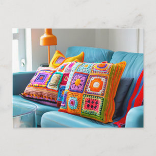 Crocheted Granny Square Pillows Lying on a Sofa Postcard