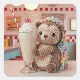 Crocheted Hedgehog and Milkshake at Retro Diner Square Sticker