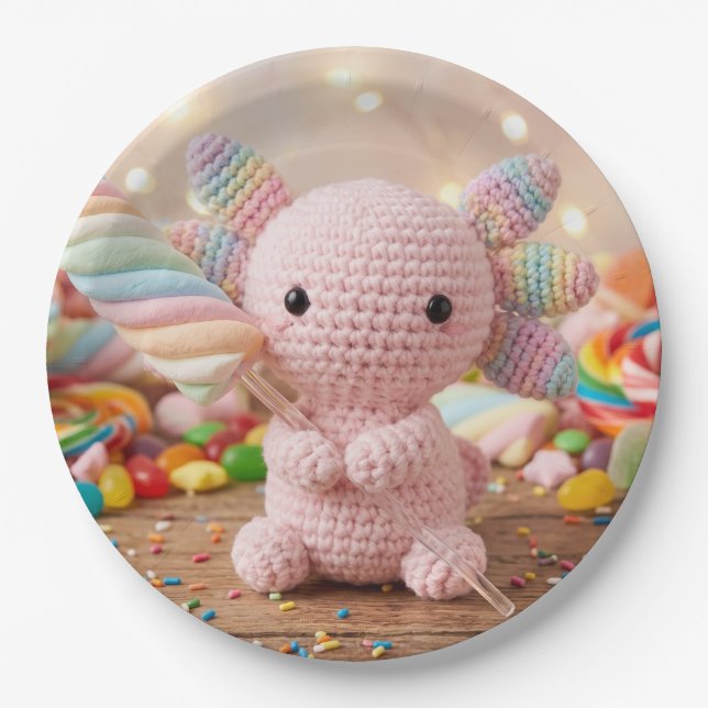 Crocheted Pink Axolotl Pastel Candy  Paper Plate (Front)