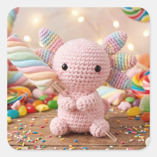 Crocheted Pink Axolotl Pastel Candy  Square Sticker (Front)