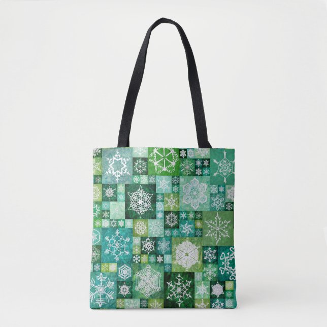 Crocheted Snowflakes Green Digital Patchwork Tote Bag (Front)