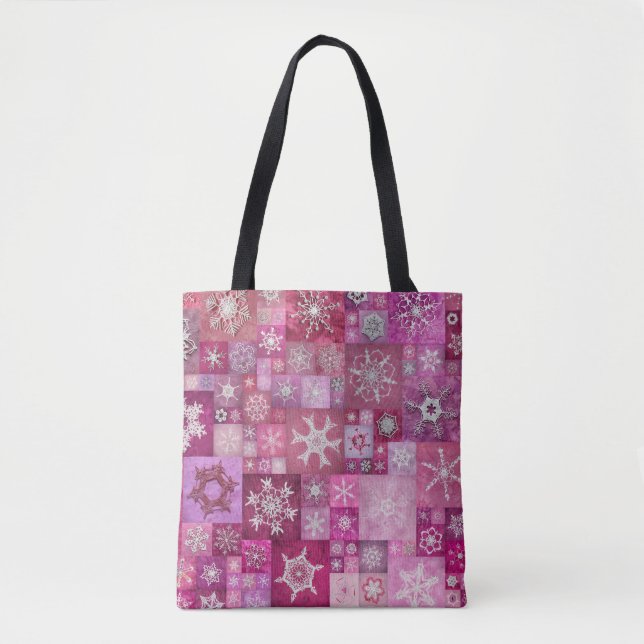 Crocheted Snowflakes Pink Digital Patchwork Tote Bag (Front)