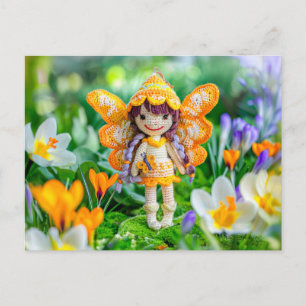 Crocheted Spring Fairy with Blooming Crocuses Holiday Postcard