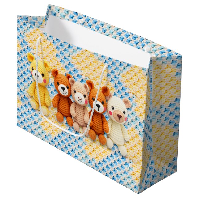 Crocheted Stuffed Animals Blue and Yellow Large Gift Bag (Front Angled)