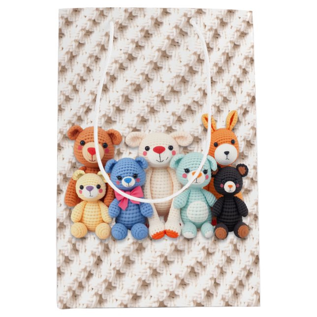 Crocheted Stuffed Animals Blue and Yellow Medium Gift Bag (Front)