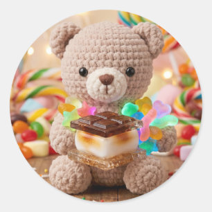 Crocheted Teddy Bear with S'more Candy Land Classic Round Sticker