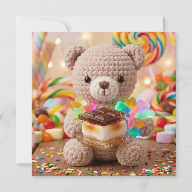 Crocheted Teddy Bear with S'more in a Candy Land (Front)