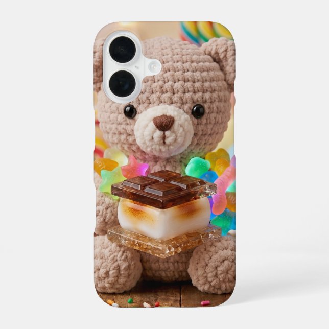 Crocheted Teddy Bear with S'more Whimsical iPhone 16 Case (Back)