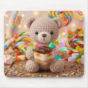 Crocheted Teddy Bear with S'more Whimsical Mouse Pad