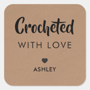 Crocheted with Love, Handmade Gift Tag, Kraft Square Sticker