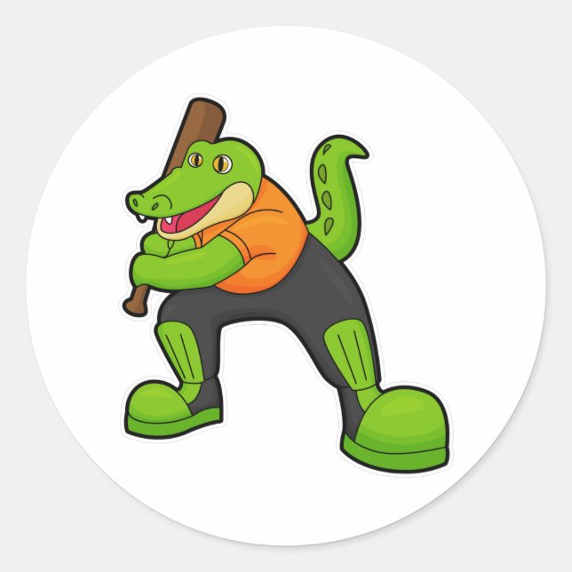 Crocodile at Cricket with Cricket bat Classic Round Sticker (Front)